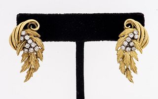 Vintage 18K Yellow Gold Diamond Feather Earrings