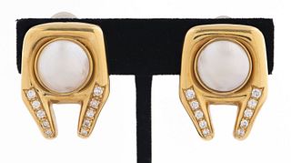 18K Yellow Gold Diamond Mabe Pearl Clip Earrings