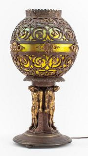 Oscar Bach Gilt Bronze Table Lamp w/ Steuben Globe
