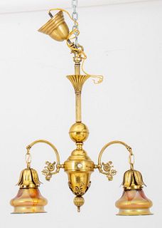 American Brass Two-Light Chandelier w/ Loetz Glass
