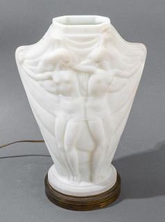 French Art Deco "Twin Nudes" Glass Table Lamp