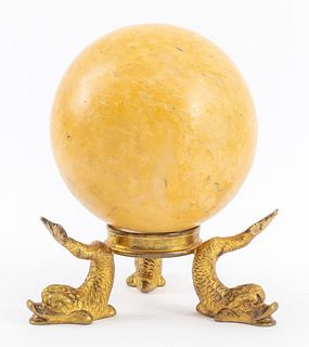 Marble Sphere on Gilt Bronze Dolphin Form Stand