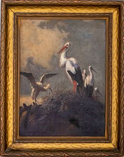 European 'Stork Family Portrait' Oil on Canvas