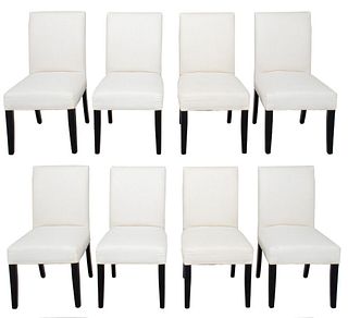 Straight-backed upholstered dining chairs, 8
