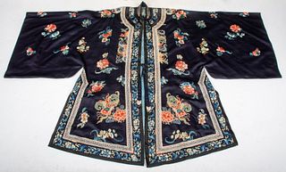 Chinese Embroidered Navy Blue Silk Robe