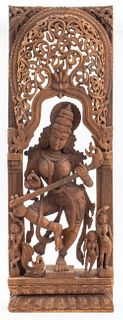 Indian Carved Wood Goddess Saraswati Sculpture
