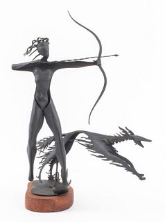 Art Deco Iron Artemis & Hunting Dog Sculpture