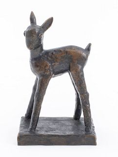 Signed Art Deco Patinated Bronze Deer Sculpture