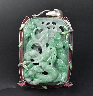Chinese Jadeite Carved Dragon Pendant w/ Silver