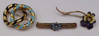 JEWELRY. (3) Assorted Gold and Enamel Brooches.