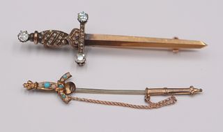 JEWELRY. 14kt Yellow Gold and Diamond Sword Brooch