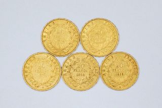 (5) France Napoleon III 20 Franc Gold Coins.