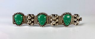Mexican Sterling, Green Onyx Aztec Faces Bracelet