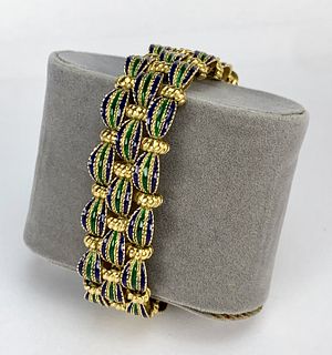 18K Yellow Gold, Blue & Green Enamel Bracelet