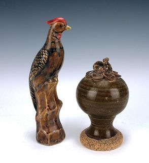 SMALL ROUND BIRD VASE & ROOSTER FIGURE