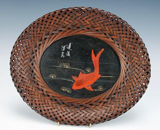 PAINTED FISH PLAQUE WITH WOVEN FRAME