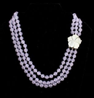 3 STRAND PURPLE JADE BEAD NECKLACE WITH MOP CLASP