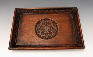 CARVED WOODEN TRAY WITH BAT MOTIF