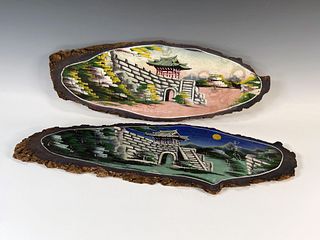 TWO JAPANESE PAINTED WOODEN PLAQUES