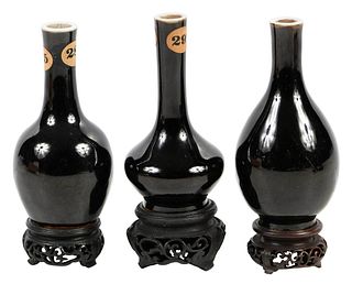 Three Chinese Monochrome Black Porcelain Miniature Vases