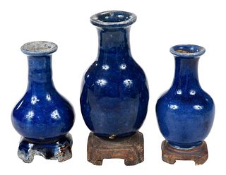 Three Chinese Miniature Glazed Vases with Attached Earthenware Bases