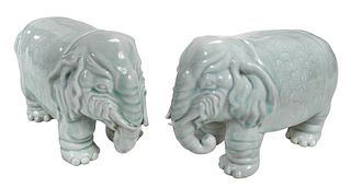 Pair of Chinese Celadon Glazed Elephants