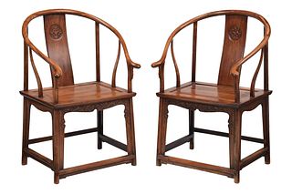 Fine Pair of Chinese Carved Huanghuali Horseshoe Back Chairs