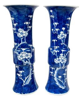 Pair of Blue And White Prunus Vases with Cracked Ice Pattern