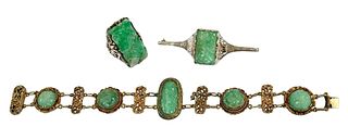 Set of Three Chinese Carved Jade Silver Jewelry 