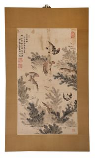 Large Chinese Ink and Watercolor Painting of Carp and Shrimp