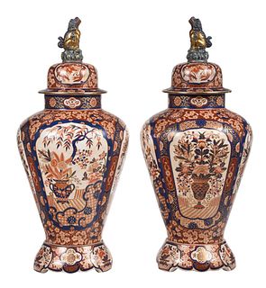 Pair of Large Chinese Imari Lidded Porcelain Temple Jars