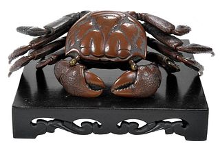 Japanese Articulated Bronze Crab with Wood Stand