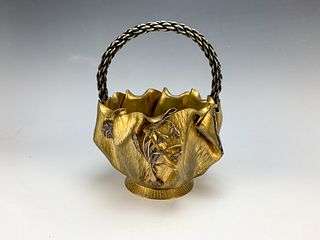 Japanese Bronze Basket w/Mixed Metal