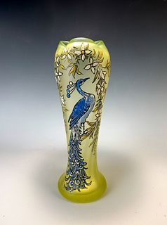 Signed LeGras Enameled "Peacock" Vase