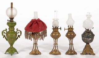 ASSORTED CAST-METAL DOLL HOUSE LAMPS, LOT OF FIVE