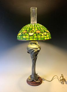 Art Nouveau Lamp w/Acorn Shade Signed Jonchery