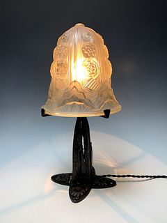 Art Deco Frosted Glass Lamp Signed Noverdy France