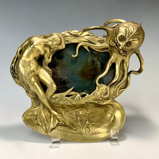Rare Art Nouveau Bronze Octopus & Mermaid Inkwell