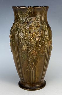 Art Nouveau Bronze Vase with Mucha Face