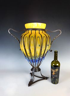 Large Muller Fres Mottled Glass & Iron Vase