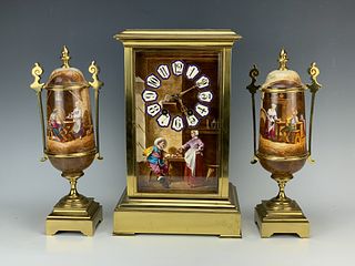Royal Vienna Style Hand Painted Clock Garniture