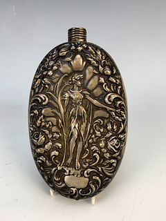 Ornate Figural Art Nouveau Sterling Silver Flask