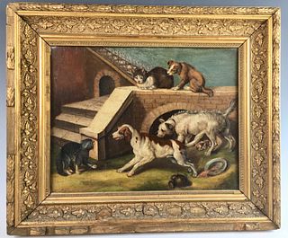 Group of Dogs & Cats Painting C. 1880