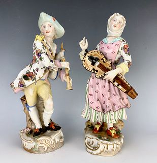 Pair Dresden Figures w Musical Instruments