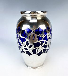 Cobalt Blue Glass & Silver Overlay Vase