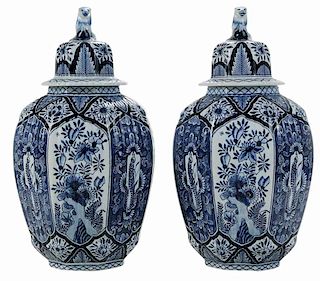 Pair Blue and White Delft  Lidded Jars