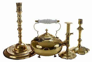 Brass Footed Tea Kettle, and Three