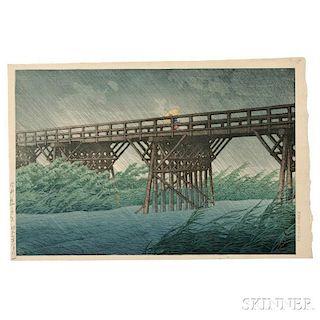 Kawase Hasui (1883-1957), Sudden Shower at Imari Bridge
