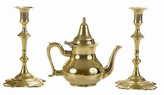 George II Brass Teapot, and a Pair of