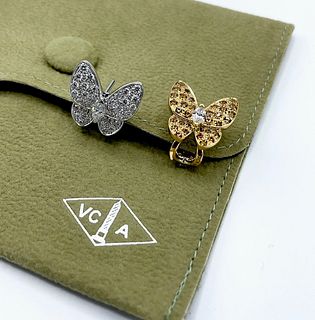 Van Cleef & Arpels 18K Yellow White Gold Diamond Sapphire Two Butterfly Earrings